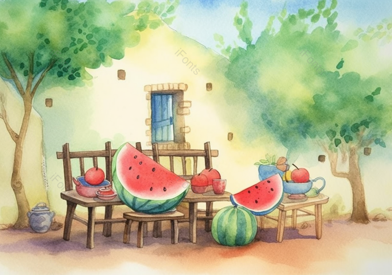 绿色小清新树下西瓜背景,插画/手绘图,插画/手绘图库,插画/手绘图下载,插画/手绘